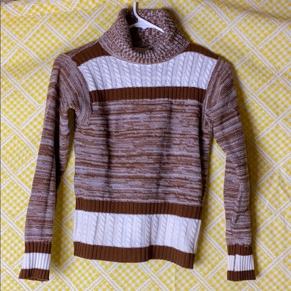 70s VINTAGE BROWN STRIPED ACRYLIC SWEATER TURTLENECK - Picture 1 of 5